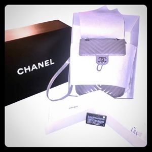 Authentic Silver Chevron Metallic Chanel Backpack